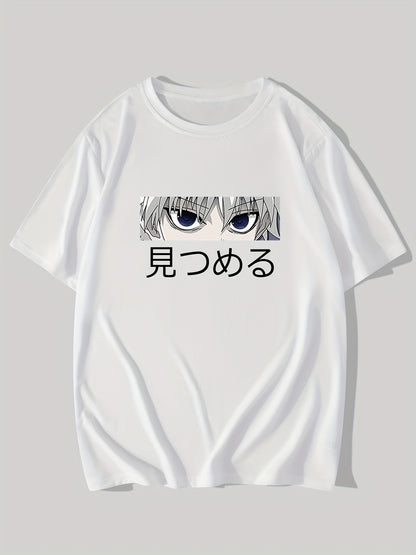 Anime Character & Japanese Letter Pattern Print Men's T-shirt, Graphic Tee Men's Summer Clothes, Men's Outfits