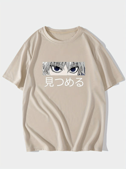 Anime Character & Japanese Letter Pattern Print Men's T-shirt, Graphic Tee Men's Summer Clothes, Men's Outfits