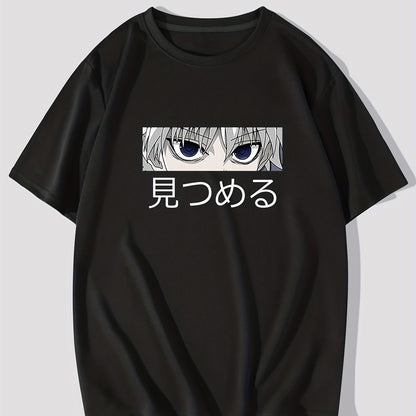 Anime Character & Japanese Letter Pattern Print Men's T-shirt, Graphic Tee Men's Summer Clothes, Men's Outfits