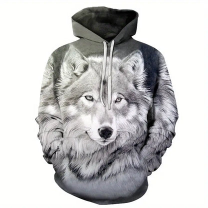 Plus Size Men's 3D Wolf Hoodies - Trendy Pullover Sweatshirt
