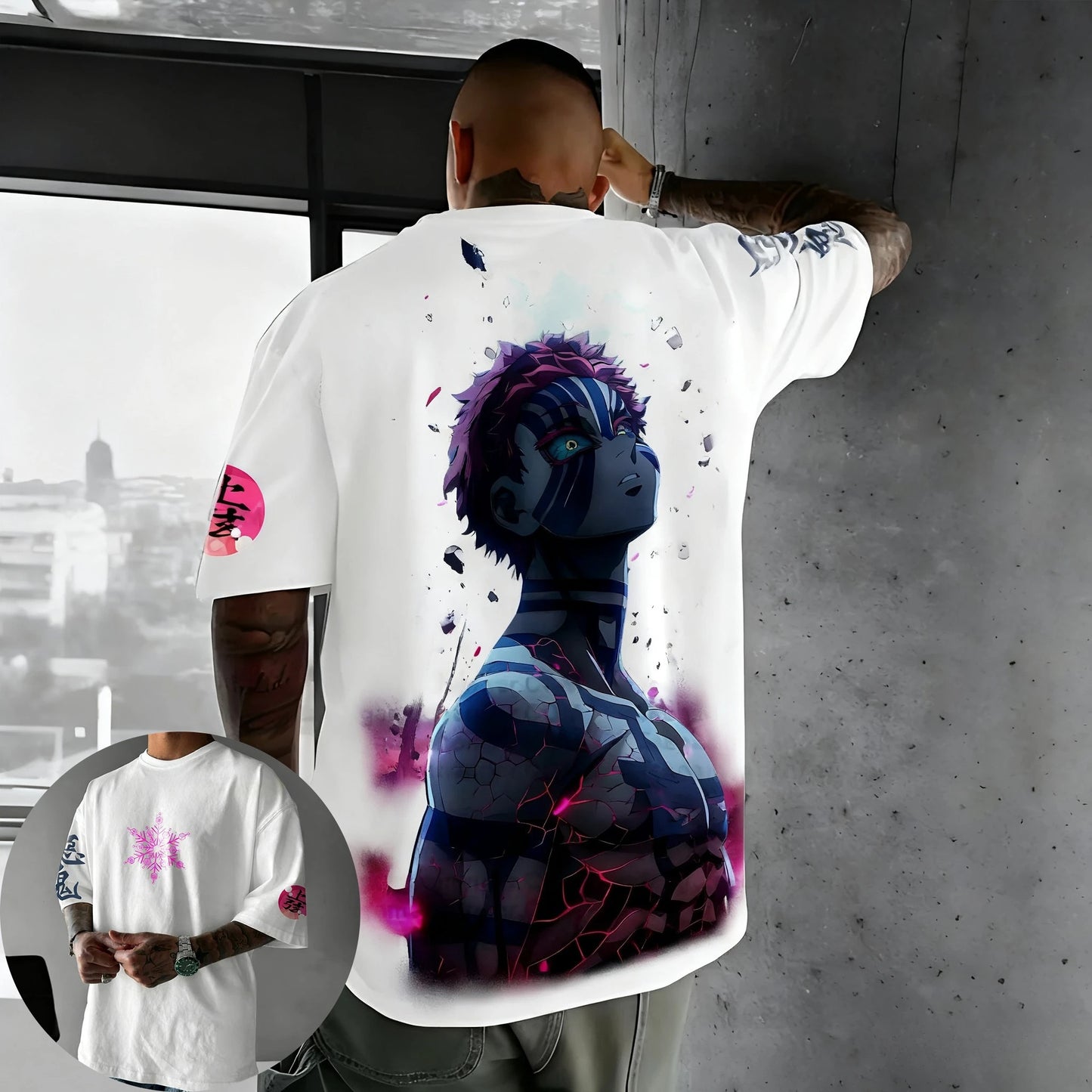 Demon Slayer Anime Co-branded Peripheral Printed T-shirt Men's Summer New American Hip Hop Trendy Casual Loose Parent-child Top