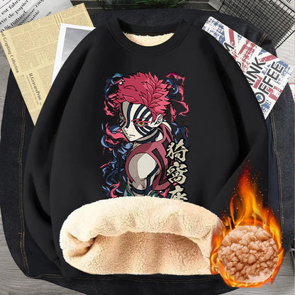 Anime Akaza Men Fleece Lined Thickened Sweatshirt Demons Slayer Winter Warm Clothes Women Clothing Plus Size Round Neck Pullover