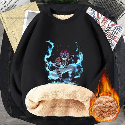 Anime Akaza Men Fleece Lined Thickened Sweatshirt Demons Slayer Winter Warm Clothes Women Clothing Plus Size Round Neck Pullover