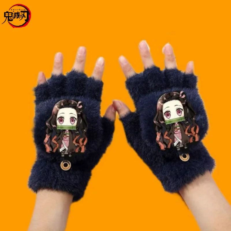 Demon Slayer asibira Inosuke Tanjiro Kamado anime peripheral cartoon children's autumn and winter half pack finger flip gloves