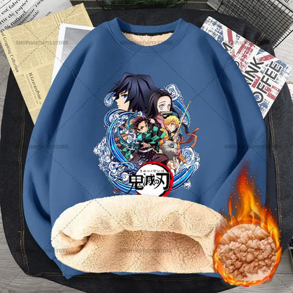 Anime Akaza Men Fleece Lined Thickened Sweatshirt Demons Slayer Winter Warm Clothes Women Clothing Plus Size Round Neck Pullover