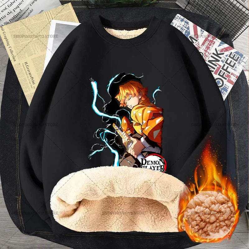 Anime Akaza Men Fleece Lined Thickened Sweatshirt Demons Slayer Winter Warm Clothes Women Clothing Plus Size Round Neck Pullover