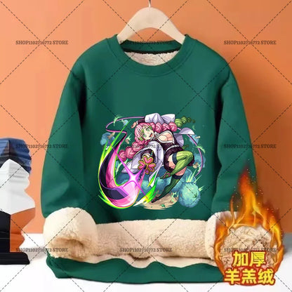 Anime Akaza Men Fleece Lined Thickened Sweatshirt Demons Slayer Winter Warm Clothes Women Clothing Plus Size Round Neck Pullover