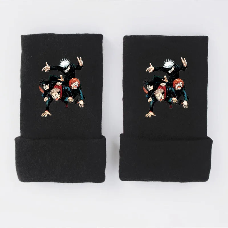 New Style Anime Jujutsu Kaisen Itadori Yuji Fushiguro Megumi Gojo Satoru Warm and Fleece Half Finger Gloves for Men and Women