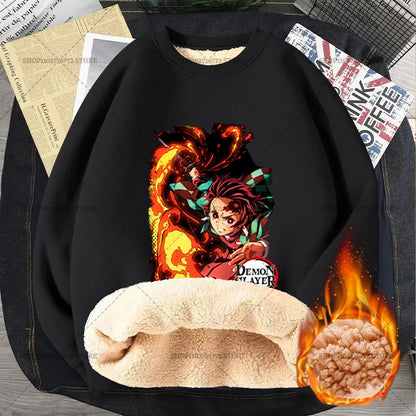 Anime Akaza Men Fleece Lined Thickened Sweatshirt Demons Slayer Winter Warm Clothes Women Clothing Plus Size Round Neck Pullover