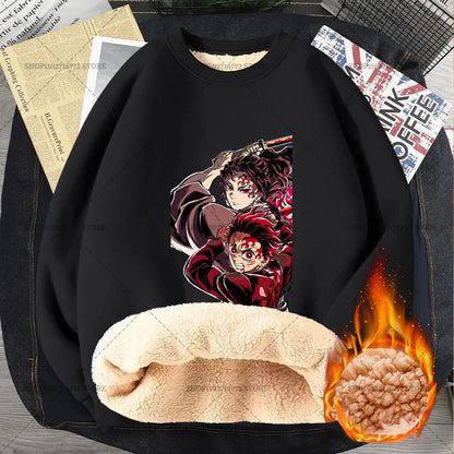Anime Akaza Men Fleece Lined Thickened Sweatshirt Demons Slayer Winter Warm Clothes Women Clothing Plus Size Round Neck Pullover