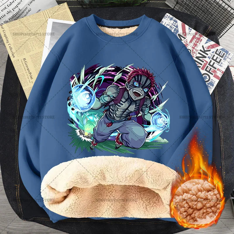 Anime Akaza Men Fleece Lined Thickened Sweatshirt Demons Slayer Winter Warm Clothes Women Clothing Plus Size Round Neck Pullover