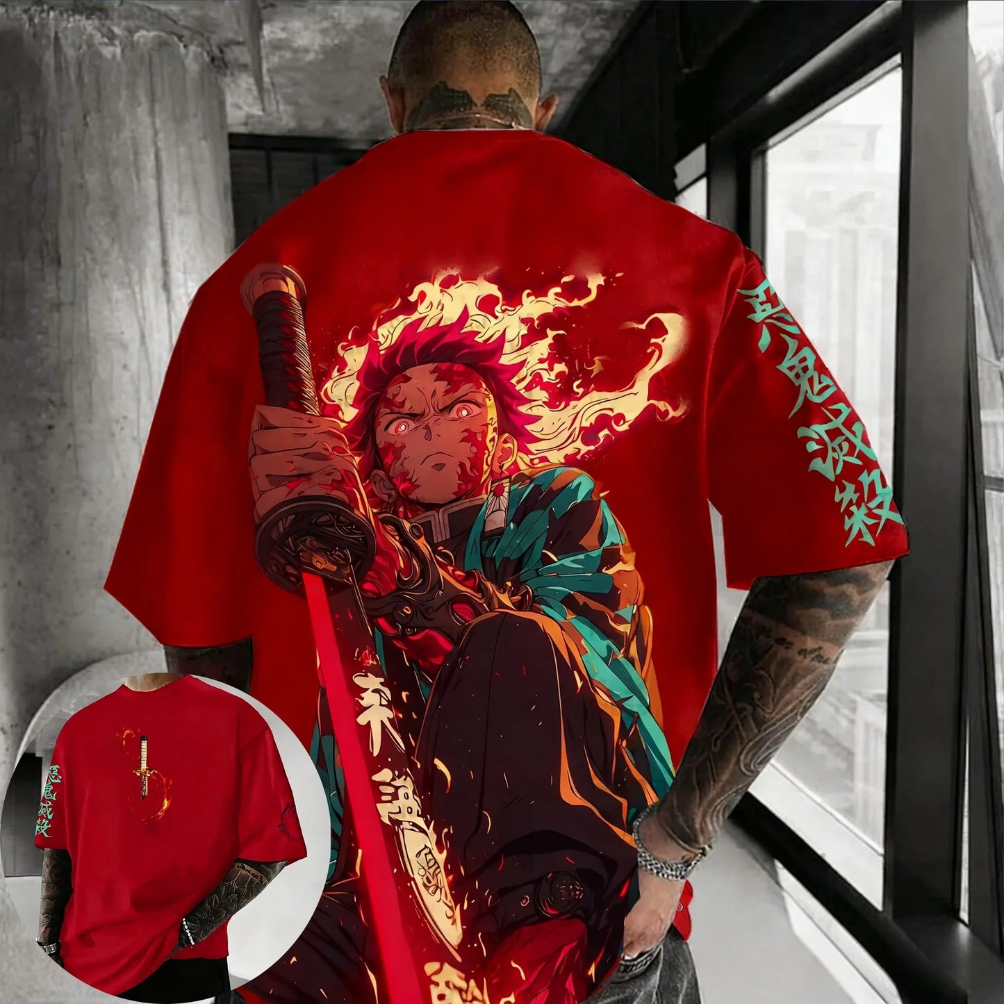 Demon Slayer Anime Co-branded Peripheral Printed T-shirt Men's Summer New American Hip Hop Trendy Casual Loose Parent-child Top