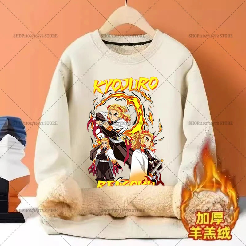 Anime Akaza Men Fleece Lined Thickened Sweatshirt Demons Slayer Winter Warm Clothes Women Clothing Plus Size Round Neck Pullover