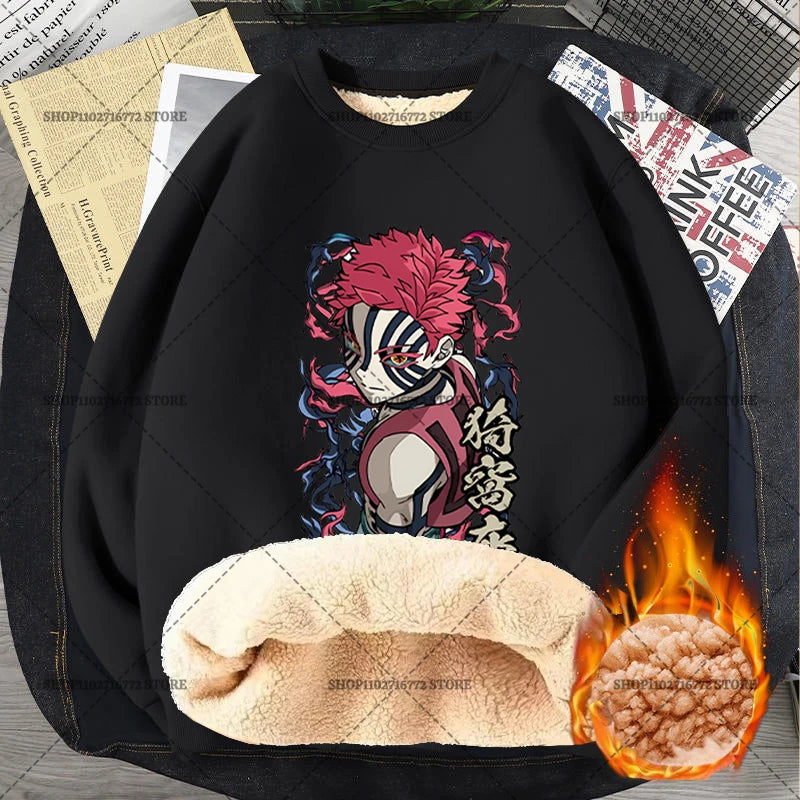 Anime Akaza Men Fleece Lined Thickened Sweatshirt Demons Slayer Winter Warm Clothes Women Clothing Plus Size Round Neck Pullover