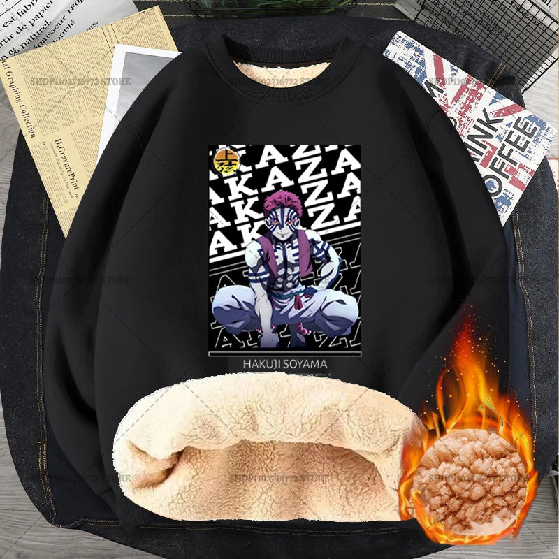 Anime Akaza Men Fleece Lined Thickened Sweatshirt Demons Slayer Winter Warm Clothes Women Clothing Plus Size Round Neck Pullover