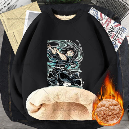 Anime Akaza Men Fleece Lined Thickened Sweatshirt Demons Slayer Winter Warm Clothes Women Clothing Plus Size Round Neck Pullover