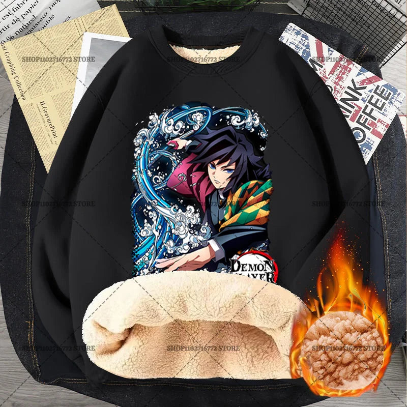 Anime Akaza Men Fleece Lined Thickened Sweatshirt Demons Slayer Winter Warm Clothes Women Clothing Plus Size Round Neck Pullover