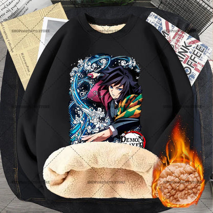 Anime Akaza Men Fleece Lined Thickened Sweatshirt Demons Slayer Winter Warm Clothes Women Clothing Plus Size Round Neck Pullover