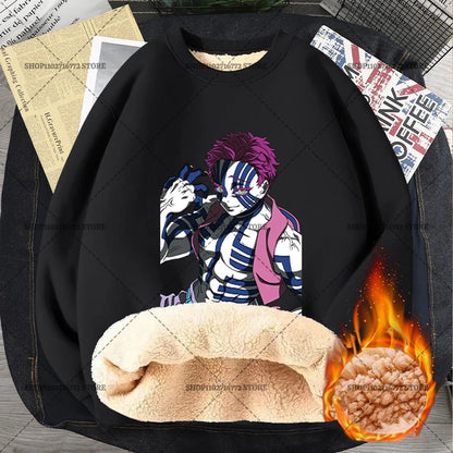 Anime Akaza Men Fleece Lined Thickened Sweatshirt Demons Slayer Winter Warm Clothes Women Clothing Plus Size Round Neck Pullover