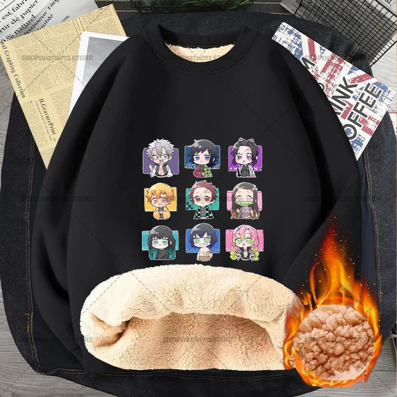 Anime Akaza Men Fleece Lined Thickened Sweatshirt Demons Slayer Winter Warm Clothes Women Clothing Plus Size Round Neck Pullover