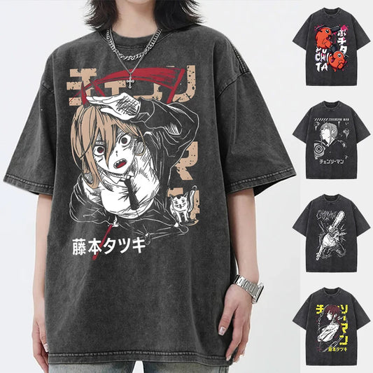 Vintage Washed T-shirts Anime Chainsaw Man T Shirt for Men/Women Harajuku Oversized Anime T-shirt Cotton Streetwear Unisex Tees