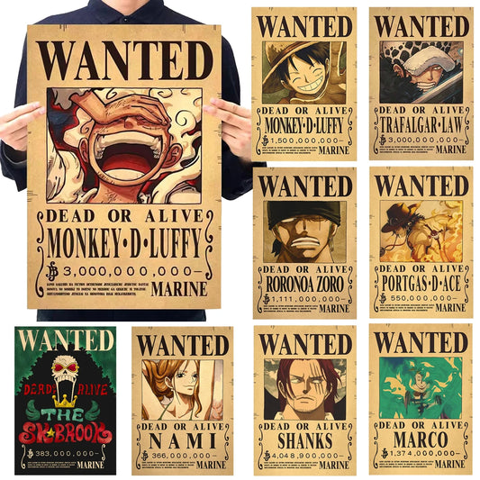 Anime Luffy Gear 5 One Pieces Bounty Wanted Posters 4 Emperors Law Kid Figures Vintage Living Room Wall Decoration Stickers Toys