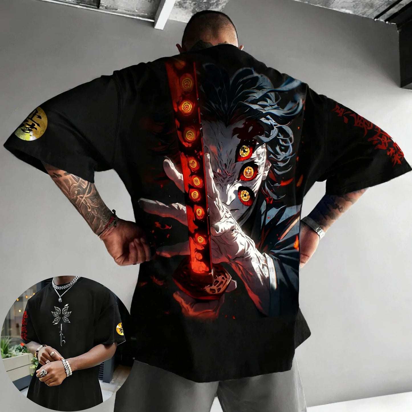 Demon Slayer Anime Co-branded Peripheral Printed T-shirt Men's Summer New American Hip Hop Trendy Casual Loose Parent-child Top