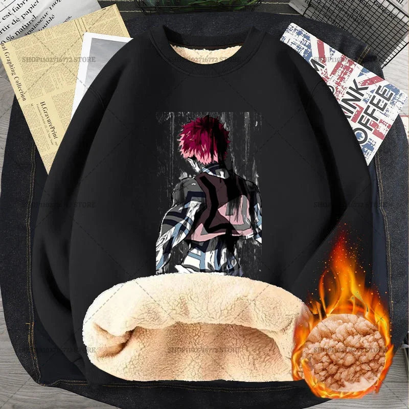 Anime Akaza Men Fleece Lined Thickened Sweatshirt Demons Slayer Winter Warm Clothes Women Clothing Plus Size Round Neck Pullover