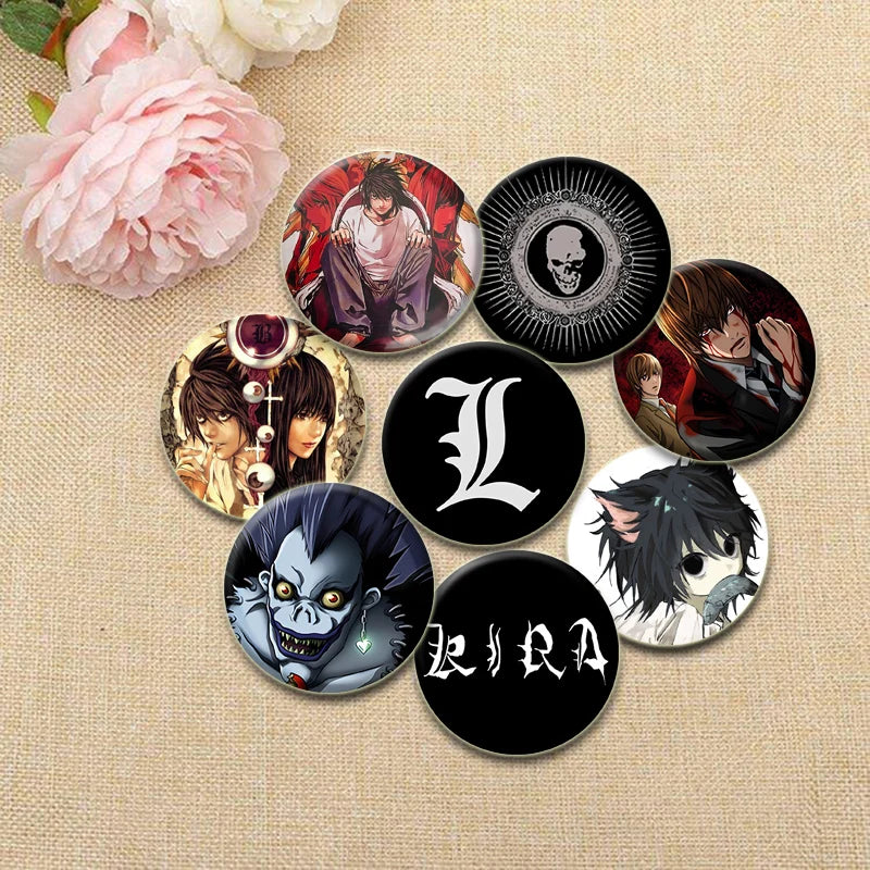 Death Note HD Print Anime Pins Handmade Round Brooches L Killer Yagami Light Cosplay Badge Backpacks Jewelry Gifts Accessory