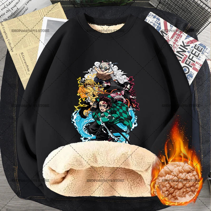 Anime Akaza Men Fleece Lined Thickened Sweatshirt Demons Slayer Winter Warm Clothes Women Clothing Plus Size Round Neck Pullover