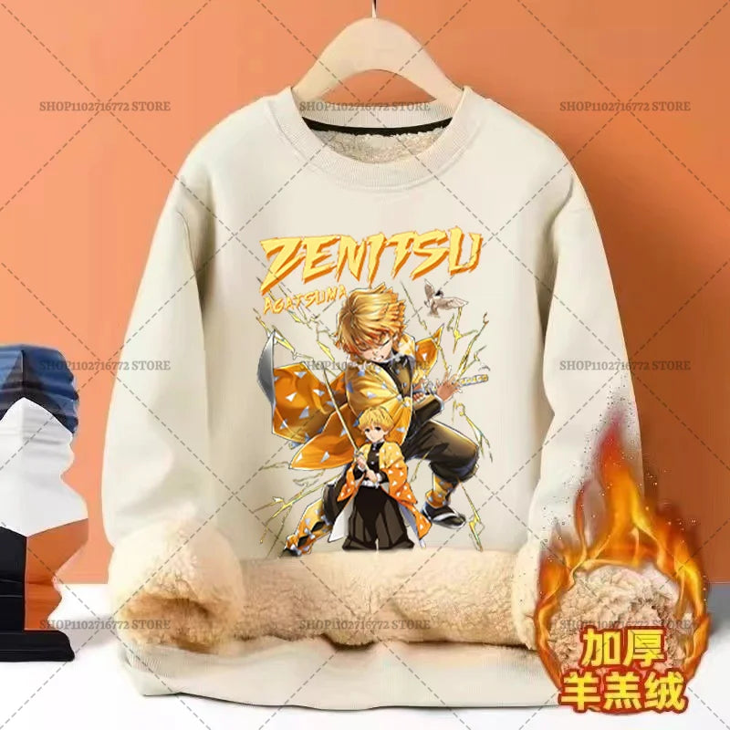 Anime Akaza Men Fleece Lined Thickened Sweatshirt Demons Slayer Winter Warm Clothes Women Clothing Plus Size Round Neck Pullover