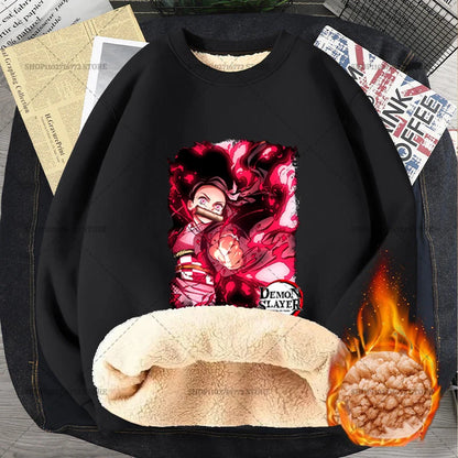 Anime Akaza Men Fleece Lined Thickened Sweatshirt Demons Slayer Winter Warm Clothes Women Clothing Plus Size Round Neck Pullover