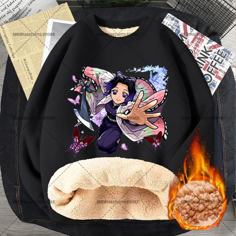 Anime Akaza Men Fleece Lined Thickened Sweatshirt Demons Slayer Winter Warm Clothes Women Clothing Plus Size Round Neck Pullover