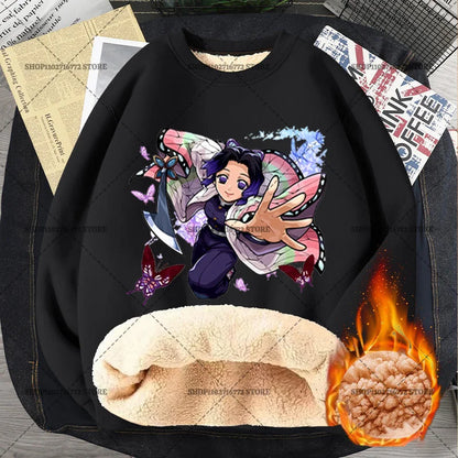Anime Akaza Men Fleece Lined Thickened Sweatshirt Demons Slayer Winter Warm Clothes Women Clothing Plus Size Round Neck Pullover