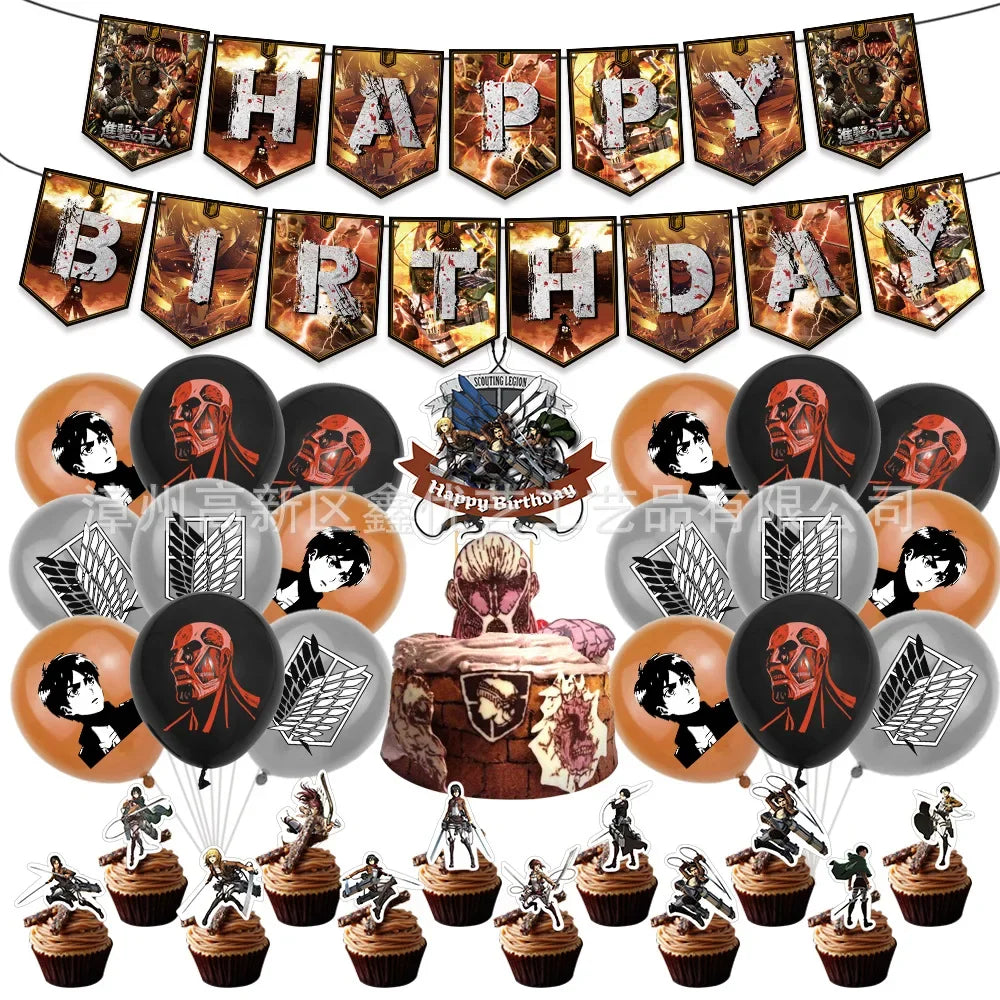 Attack on Titan Cartoon Anime Theme Birthday Scene Decoration Supplies Party Decorations,Banners,Balloons,Flag Pulling Party Set