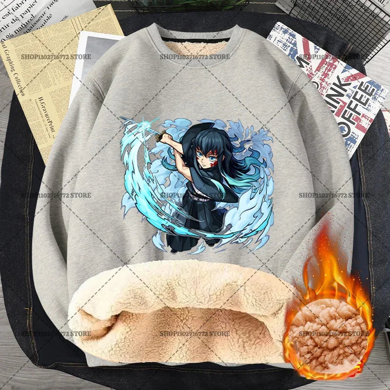 Anime Akaza Men Fleece Lined Thickened Sweatshirt Demons Slayer Winter Warm Clothes Women Clothing Plus Size Round Neck Pullover