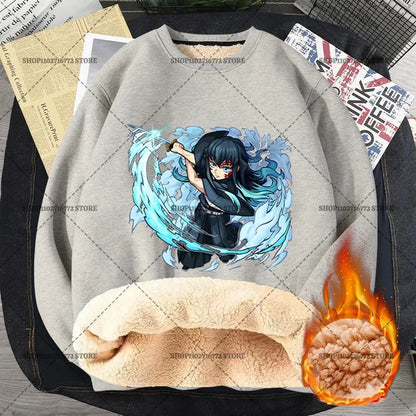 Anime Akaza Men Fleece Lined Thickened Sweatshirt Demons Slayer Winter Warm Clothes Women Clothing Plus Size Round Neck Pullover
