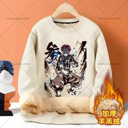 Anime Akaza Men Fleece Lined Thickened Sweatshirt Demons Slayer Winter Warm Clothes Women Clothing Plus Size Round Neck Pullover