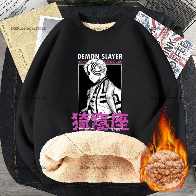 Anime Akaza Men Fleece Lined Thickened Sweatshirt Demons Slayer Winter Warm Clothes Women Clothing Plus Size Round Neck Pullover