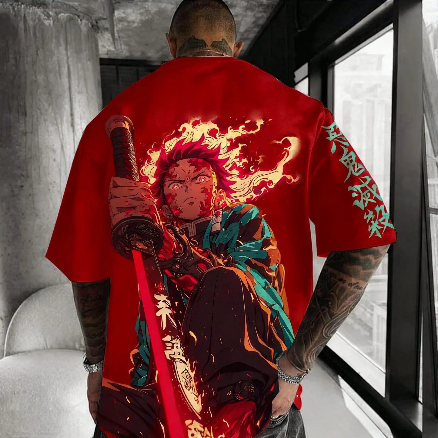Demon Slayer Anime Co-branded Peripheral Printed T-shirt Men's Summer New American Hip Hop Trendy Casual Loose Parent-child Top