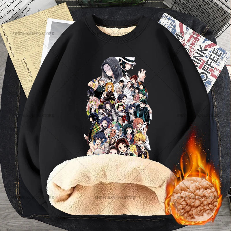 Anime Akaza Men Fleece Lined Thickened Sweatshirt Demons Slayer Winter Warm Clothes Women Clothing Plus Size Round Neck Pullover