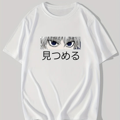 Anime Character & Japanese Letter Pattern Print Men's T-shirt, Graphic Tee Men's Summer Clothes, Men's Outfits
