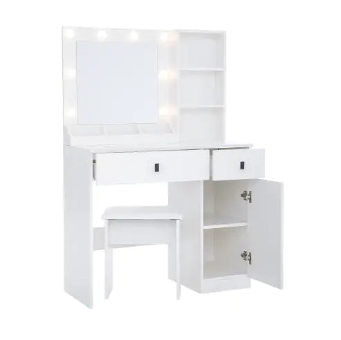 Vanity, Makeup Vanity Desk Set With Mirror  Light, Dressing Table Storage Lots With Power Strip, 3 Lighting Modes With Adjustable Brightness, 37 Inches White With Stool